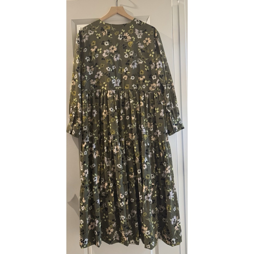 Madewell Floral Midi Dress Olive Green Tiered Long Sleeve Boho Size L - Picture 5 of 6